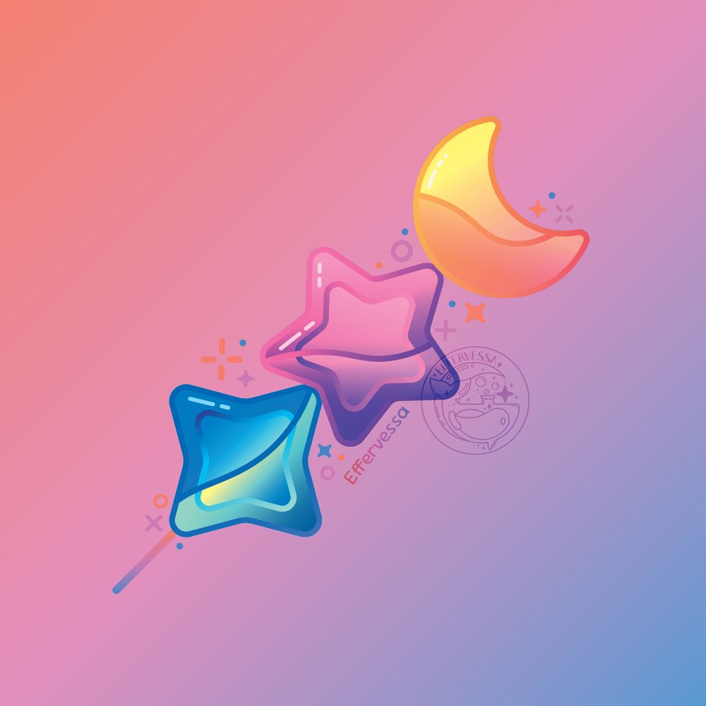 Celestial candy dango in bright colors. The bottom dango is a four-pointed star, the middle is a five-pointed star, and the top is a crescent moon. 