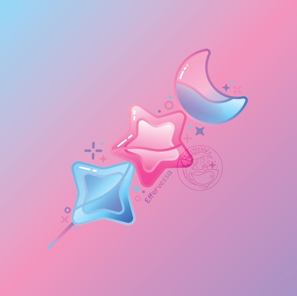 Celestial candy dango in soft, pastel colors. The bottom dango is a four-pointed star, the middle is a five-pointed star, and the top is a crescent moon. 