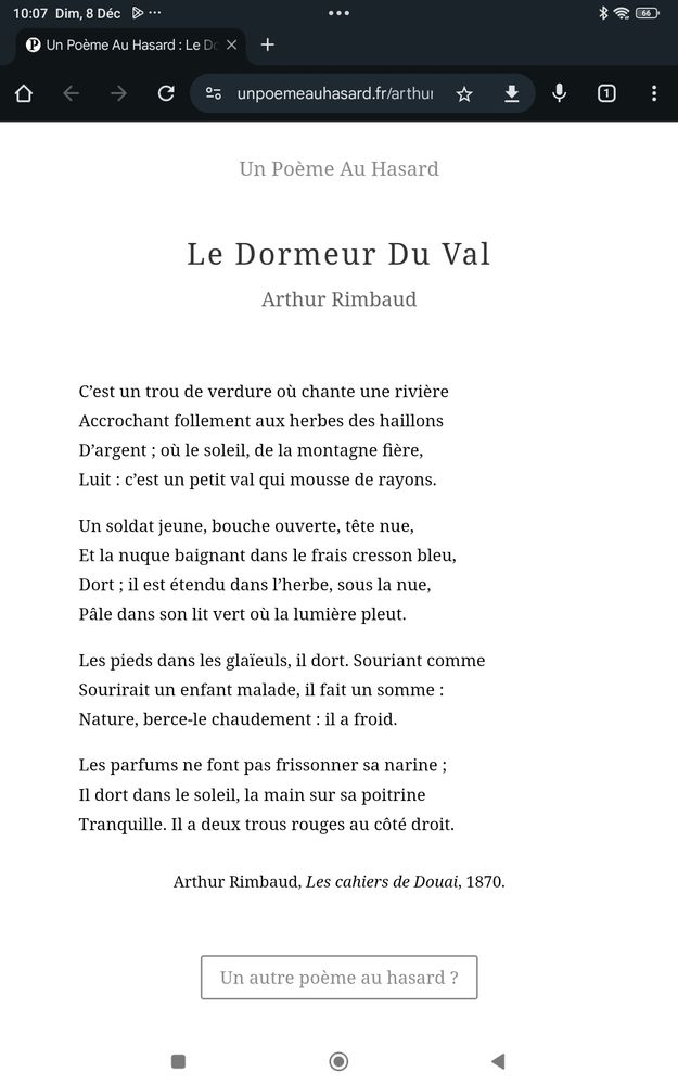 Screen capture of 'Le Dormeur Du Val' poem from Arthur Rimbaud 