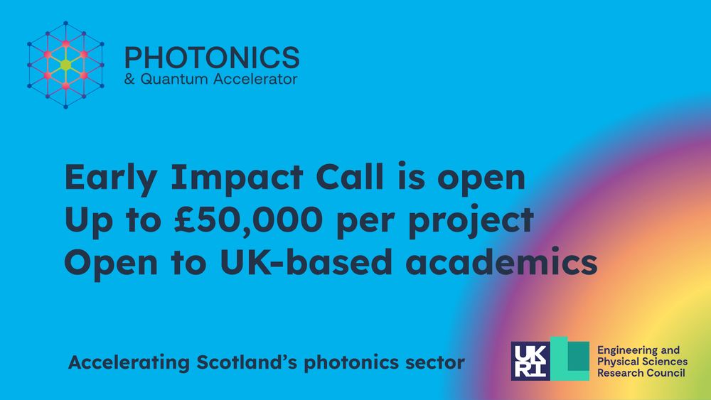 Photonics & Quantum Accelerator logo. Text: Early Impact Call is open. Up to £50,000 per project. Open to UK-based academics. Accelerating Scotland's photonics sector. EPSRC logo.