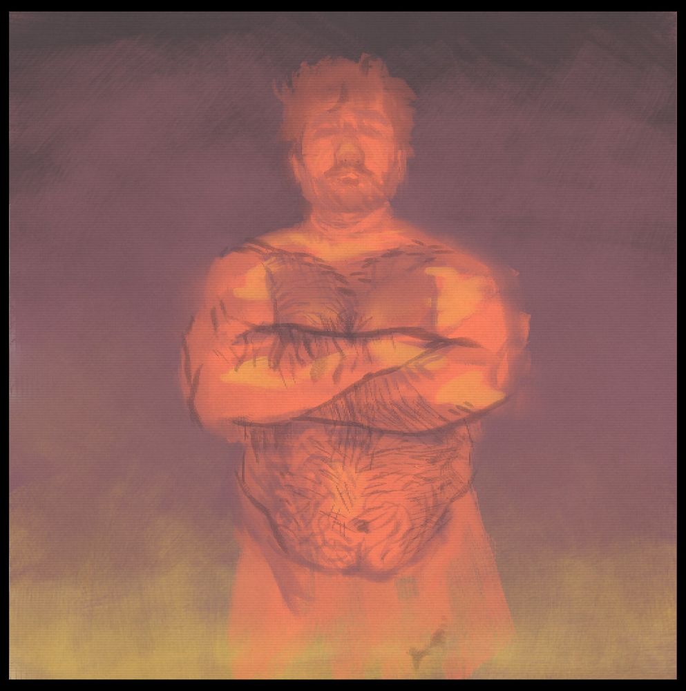 A man with folded arms looking towards the viewer. He is hairy and has big arms, chest, and a gut.