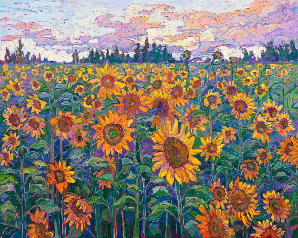"Blooming Field"
Original Oil Painting by Erin Hanson
2022
48 x 60 in
ORIGINAL SOLD
3D Replicas Available
Canvas Prints Available

About the Painting
Sunflower fields bloom with abundant, expressive color in this oil painting of the Oregon countryside. The brushstrokes are thick and impressionistic, alive with texture and motion. 
https://www.erinhanson.com/portfolio/blooming-field
