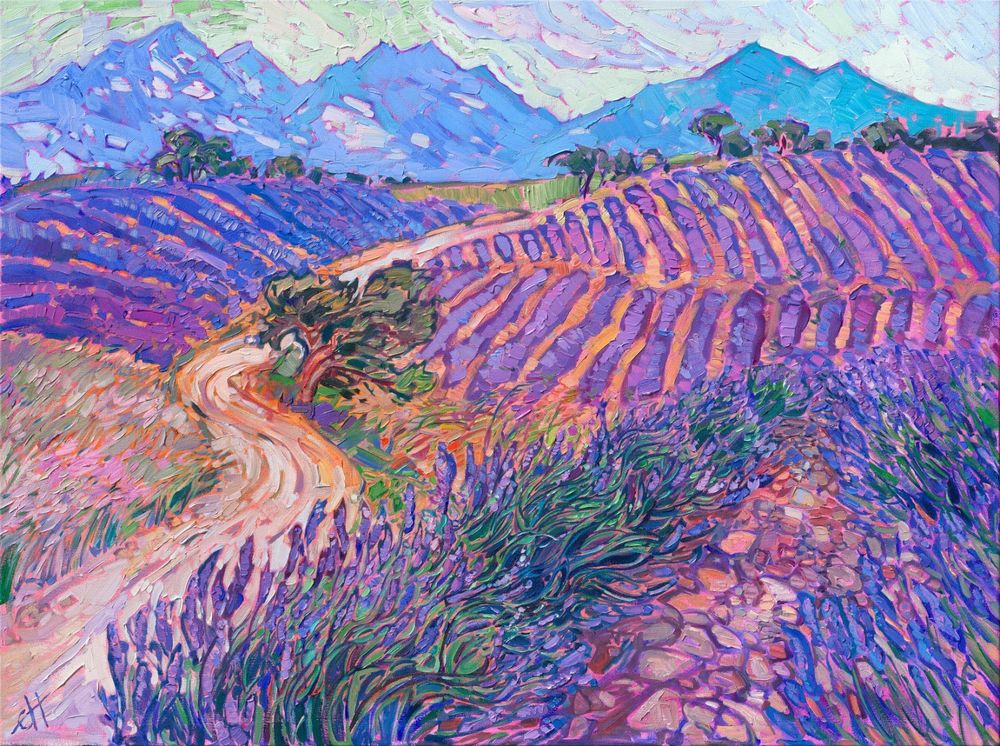 "Valensole Lavender Fields"
Original Oil Painting by Erin Hanson
2024
30 x 40 in
Original Available
Replicas and Prints Available

Exploring the lavender fields on the high plateaus of Provence, France, was an experience I will never forget. I caught two sunsets and two sunrises among the lavender fields, and I have enough inspiration to last me a lifetime! After painting vineyards for so many years, it is fun to paint purple cultivated rows instead. The ground between the lavender plants is covered in warm-hued stones, adding additional texture and color contrast to the landscape.

https://www.erinhanson.com/portfolio/valensole-lavender-fields