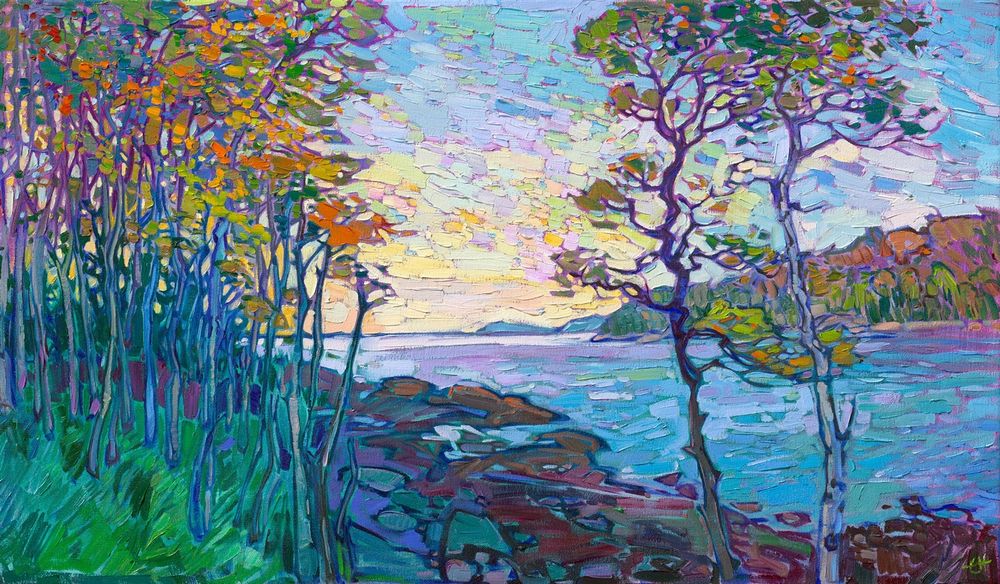 "Acadia Lake"
Original Oil Painting
by Erin Hanson, 2024
20 x 34 in

About the Painting
This painting of Acadia National Park captures the beautiful light of early dawn over one of the many lakes within the park. October gleams with warm colors of gold and vermillion that pop against the background of blue reflections.
https://www.erinhanson.com/portfolio/acadia-lake