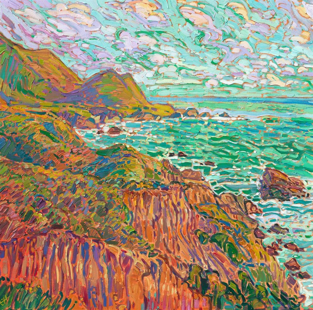 "Coastal in Green"
Original Oil Painting by Erin Hanson
2023
30 x 30 in
ORIGINAL SOLD
Prints & Replicas Available
https://www.erinhanson.com/portfolio/coastal-in-green

About the Painting
A summer sky fades from blue to brilliant shades of green and turquoise, as the sun sets towards the horizon. This painting of California's coastline captures the eroded sandstone cliffs seen along the coast from Big Sur to Torrey Pines. The thick, impasto brush strokes capture the movement and vivacity of the scene.
