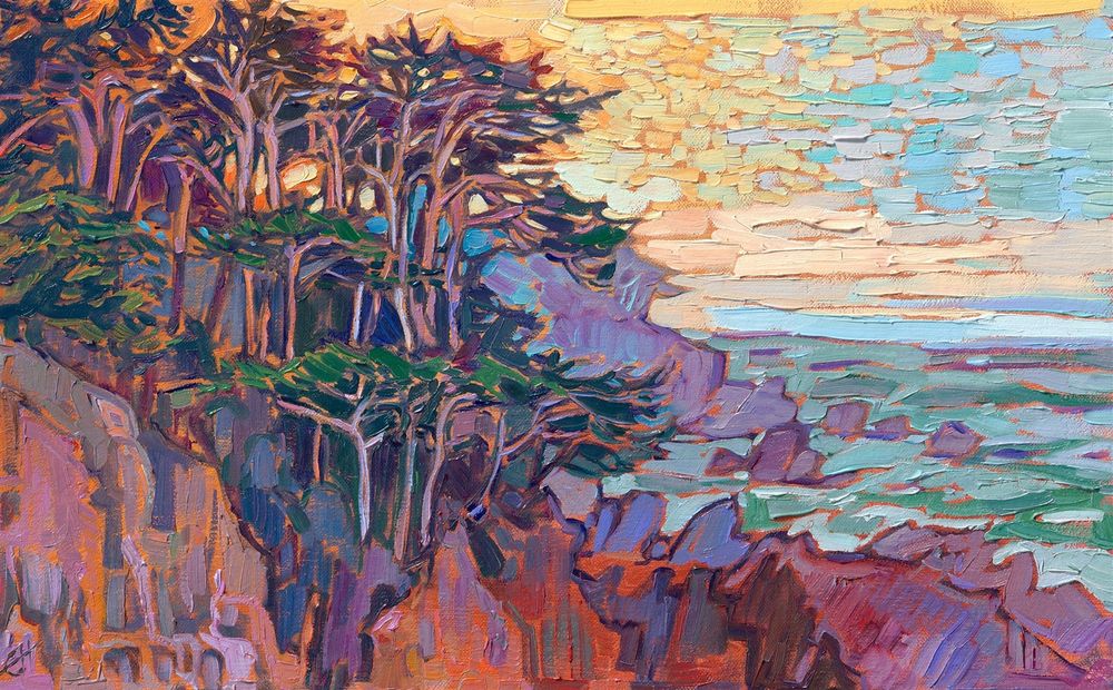 "Monterey Fog"
Original Oil Painting by Erin Hanson
2024
10 x 16 in
ORIGINAL SOLD
Prints Available

About the Painting
There is a little nook I like to photograph when I visit Carmel that has one of the best painting views, in my opinion. I have to scramble underneath a bridge, get snagged by a few blackberry bushes, and end up crouching precariously on the edge of steep cliff -- but the view of overlapping cypress trees and dramatic rock formations is totally worth it.

https://www.erinhanson.com/portfolio/monterey-fog
