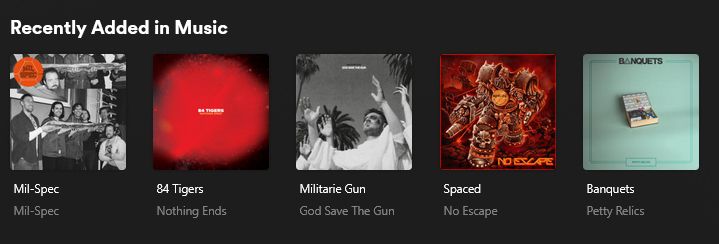 Recently Added in Music:
Mil-Spec - 'Mil-Spec'
84 Tigers - 'Nothing Ends'
Militarie Gun - 'God Save the Gun'
Spaced - 'No Escape'
Banquets - 'Petty Relics'