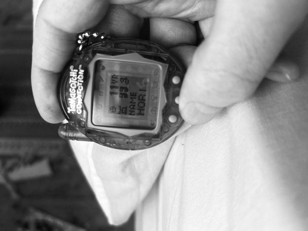 Black and white photo of my tamagotchi 