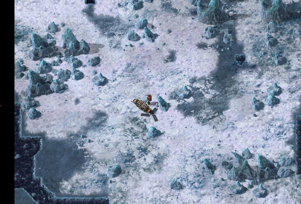 A picture from the game Factorio of an engineer stood on a frozen planet.