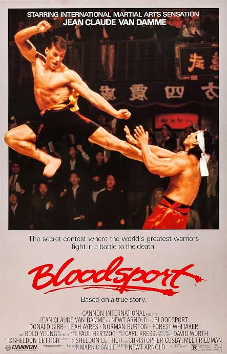 Cover for the Movie Bloodsport, showing Jean-Claude van Damme flying through the air kicking his opponent in the chest