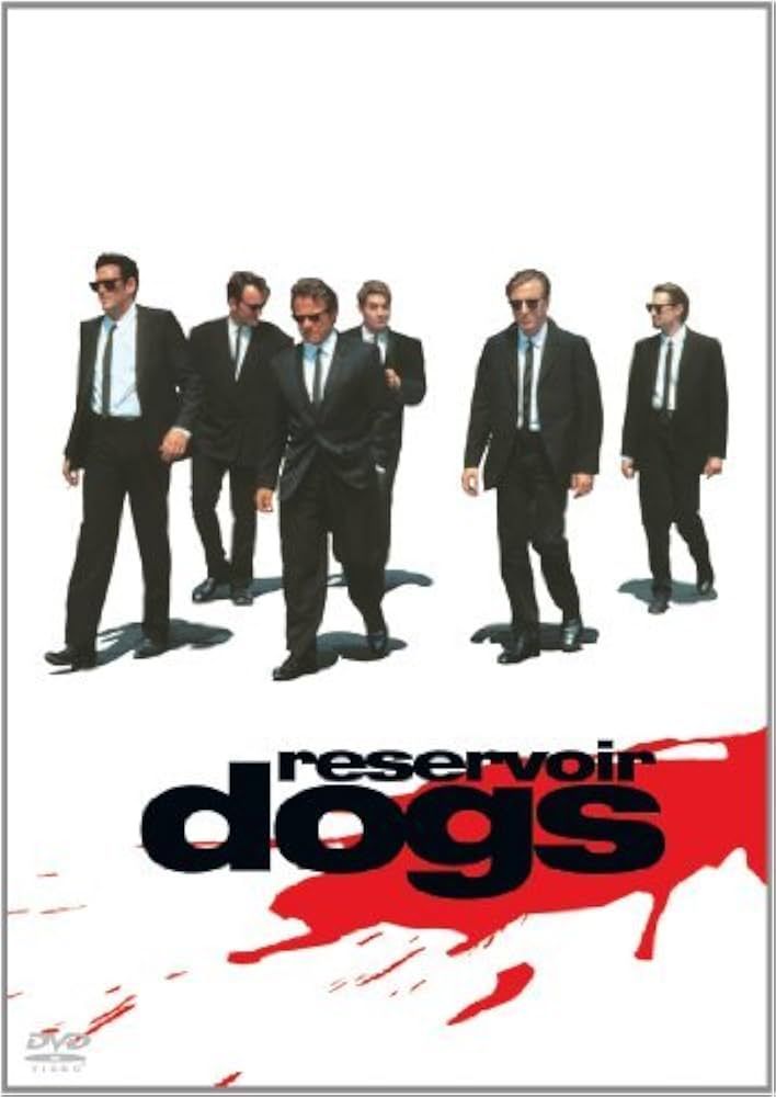 The cover to the movie Reservoir Dogs, showing 6 men in suits walking on a white background.