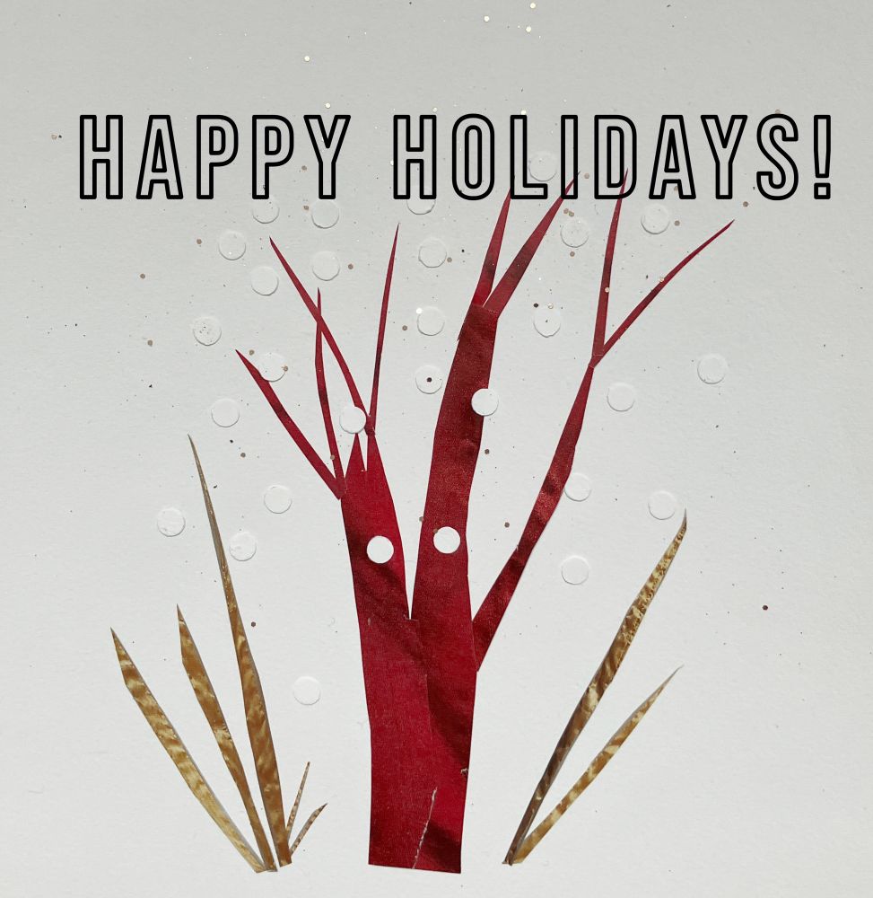 A collage card with a red tree, white snowballs, and gold glitter that says Happy Holidays! 