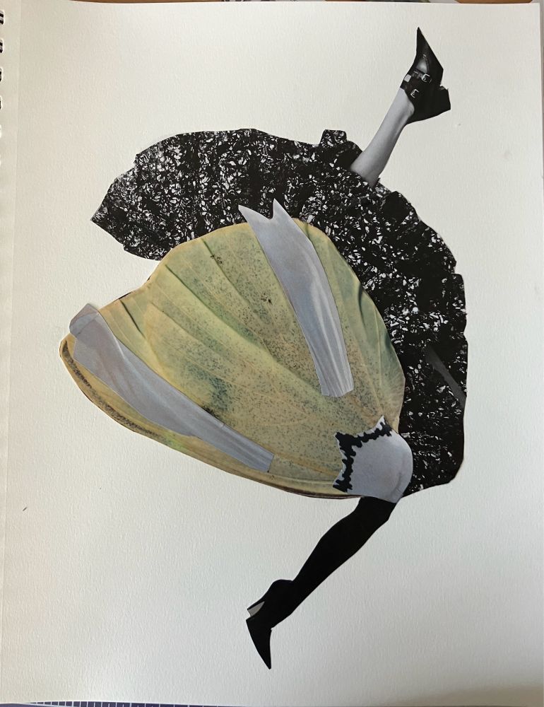 Collage of butterfly wing, skirt, and two human legs