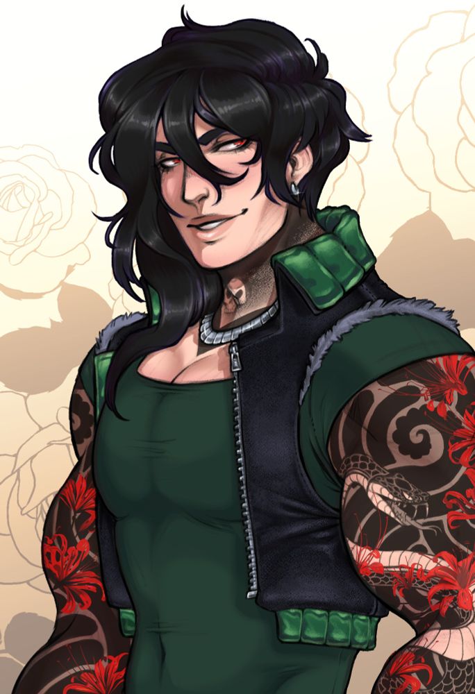 Digital waist-up drawing of a man with a smoldering expression, a cheeky smirk, wearing a tight, forest green t-shirt and black denim vest, sporting irezumi-inspired tattoos that depict snakes, spider lilies, and stylized clouds that are also meant to resemble tentacles.  