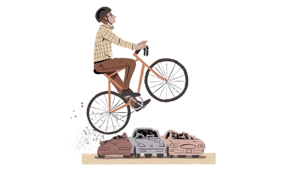 Slim tweedish man ride road bike atop earth-tone sedans, crushing their windshields
