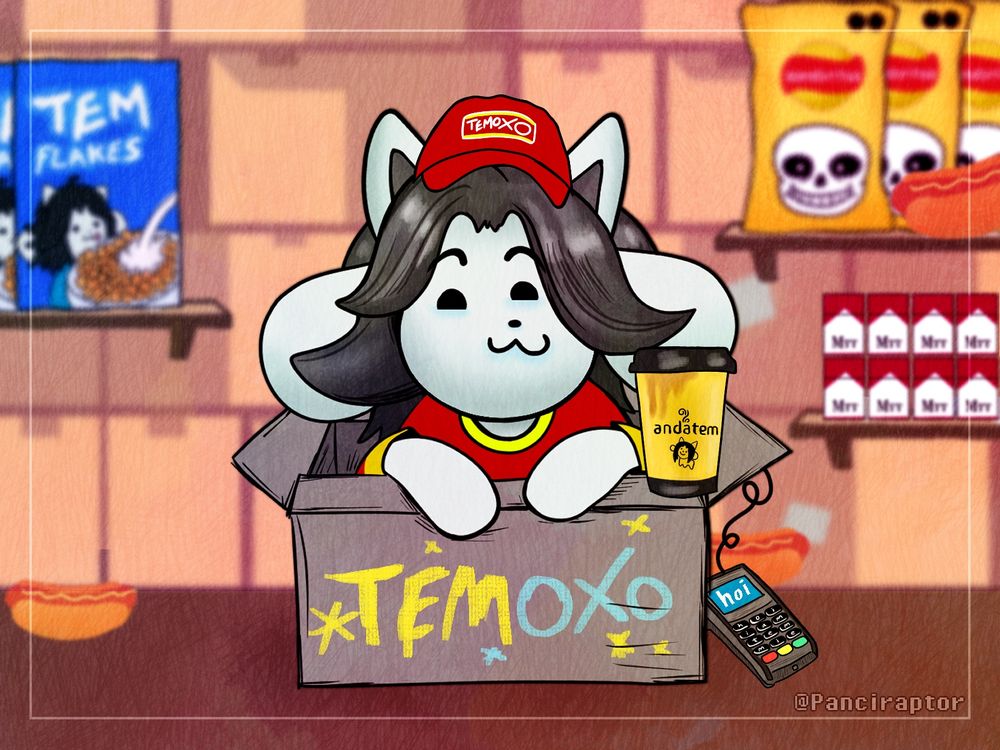 Digital fanart of Temmie from Undertale, dressed as a cashier from the Oxxo convenience stores.