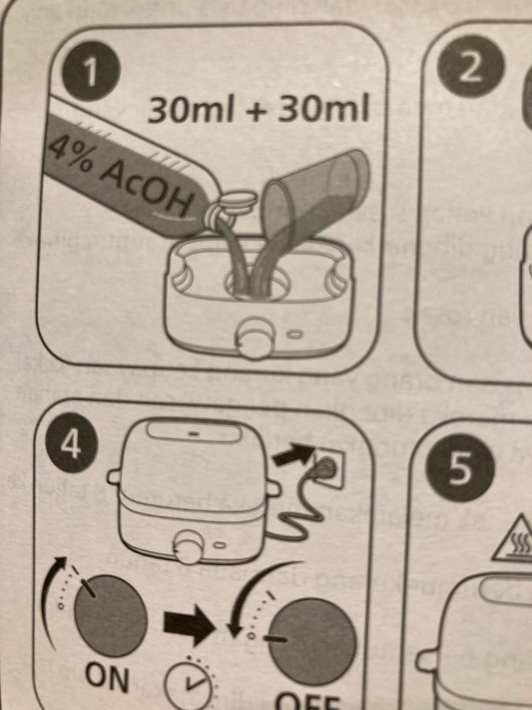 Photo of instructions for an egg cooker. In the first panel, you are instructed to pour 30ml of “4% AcOH” and 30ml of an unspecified liquid (assumed to be water) into the device. 