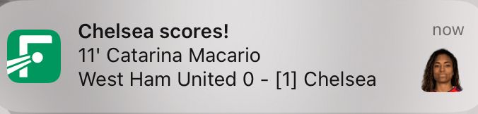 Notification from FotMob indicating that Macario scored a goal for Chelsea against West Ham in the 11th minute. 