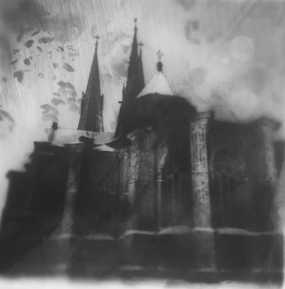 The Uppsala Dome in a different and quite contrasty perspective, doubleexposed with fabric.