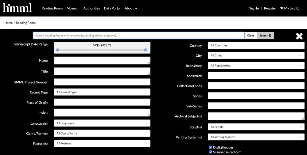 HMML Reading Room's advanced search display.