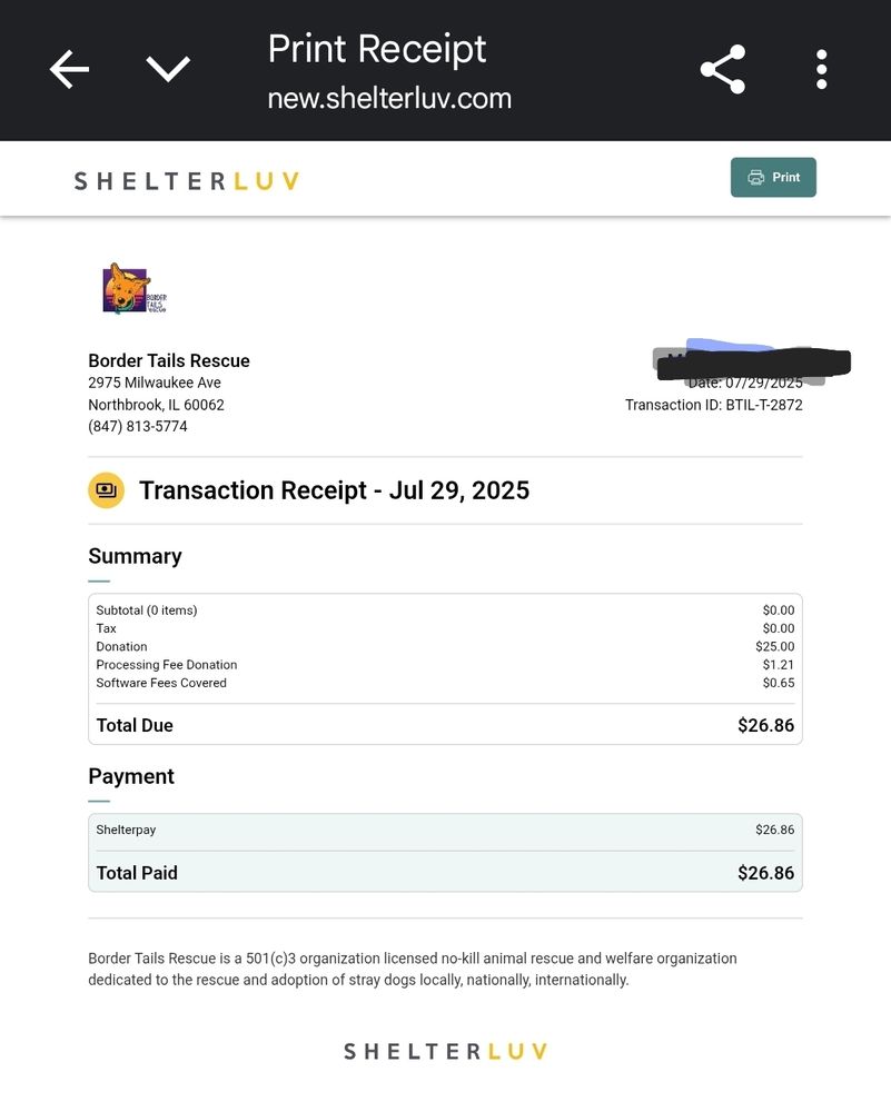 Receipt for $25 donation to border tails rescue. Plus fees. 