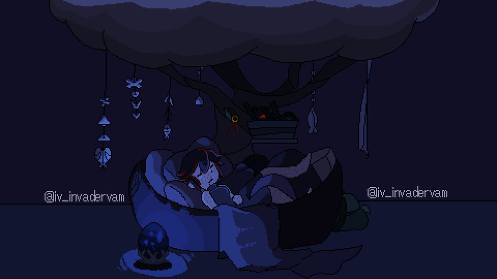 Pixel Art of my LoreSprout/Loresona gal sleeping with her birds nearby.