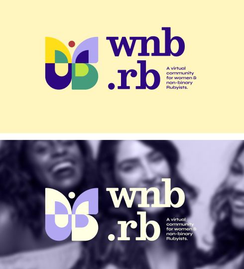 WNB.rb logo redesign with a light yellow background and multi colored image and text up top, and dark photo background and cream and light purple image and text on the bottom. Logo is a butterfly silhouette with text wnb.rb A virtual community for women & non-binary Rubyists. slightly to the right. 