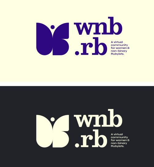 WNB.rb logo redesign with a cream background and purple image and text up top, and dark grey and cream image and text on the bottom. The logo is a butterfly silhouette with the text wnb.rb A virtual community for women & non-binary Rubyists. slightly to the right. 