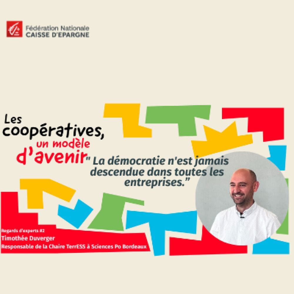 Cartell anunciant l'entrevistat amb el títol "Les cooperatives, un model de futur" i una cita seva: "La democràcia mai no ha entrat a totes les empreses".