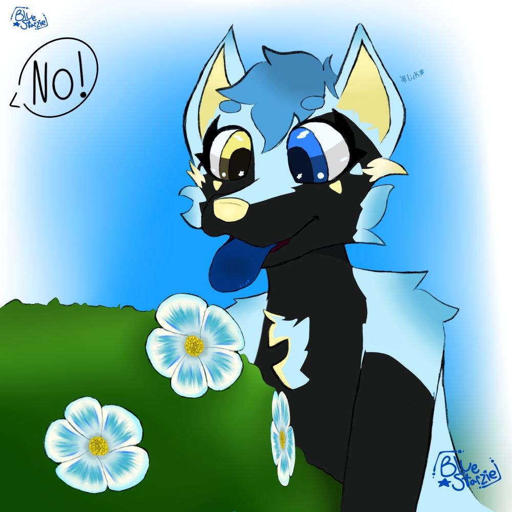 a drawing of a blue and black furry going to lick a white and blue flower 