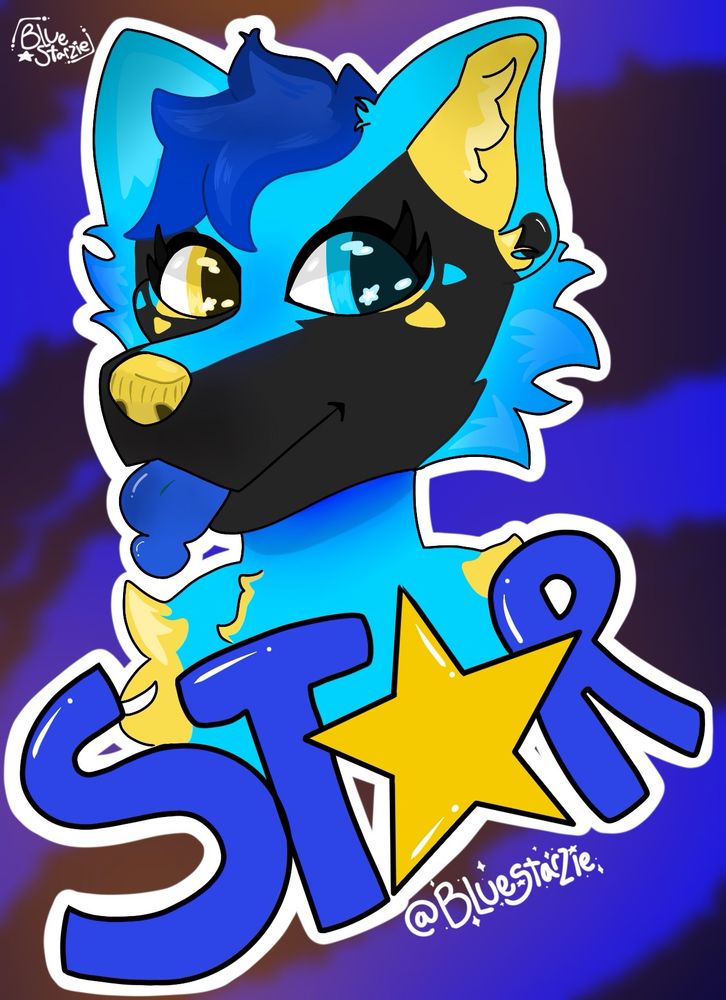 A Digital drawing of a blue and black wolf fursona with their tongue out and name "Star" underneath 