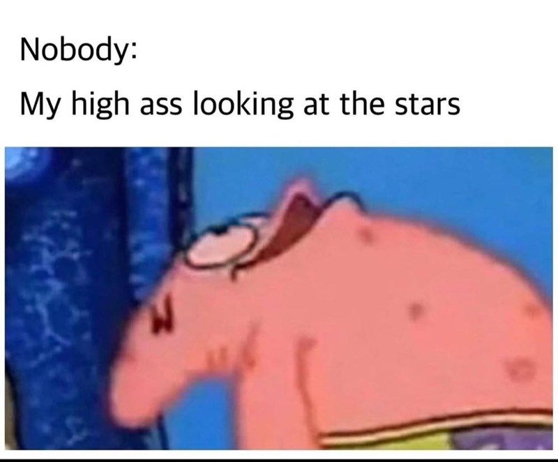 Text above a picture

Nobody: 

My high ass looking at the stars: 

Underneath is a picture of Patrick Star from SpongeBob Squarepants, looking directly up into the sky with bloodshot eyes. 

