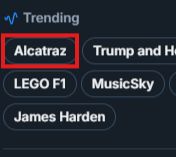 A snip of the Trending section on BlueSky. It lists Alcatraz, Trump and H, Lego F1, MusicSky and James Harden. Alcatraz has been outlined with a red rectangle.
