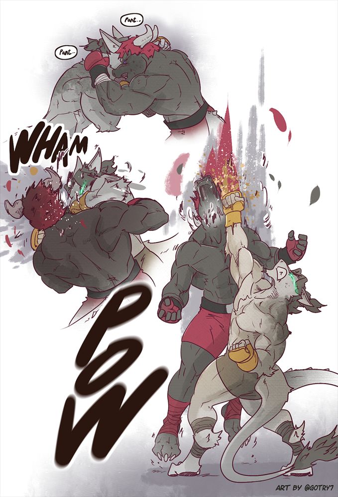 Page two of a two page comic of a fight between the sergal Zovika und the black dragon Ulysses. Both fighters locked in a tense clinch, breathing heavy in panel one, before Zovika slams an impactful elbow across Ulysses' face, quickly followed by a massive uppercut into the dragon's jaw, forcing him loosing the ground under his feet.