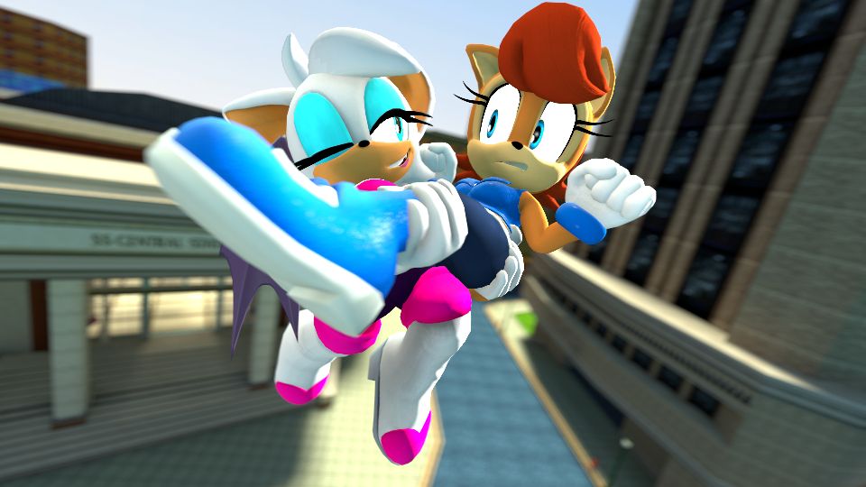 Rouge the Bat is flying across Station Square (from Sonic Adventure) while carrying Sally Acorn, with Rouge giving a wink and a smirk at Sally, and Sally holding her arms up with closed hands and a shocked/concerned facial expression.