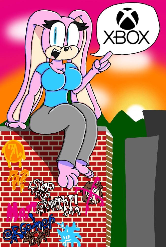This artwork contains my OC, "Lyra the Rabbit", a pink Rabbit character who was inspired by the character "Cream the Rabbit" from the "Sonic the Hedgehog" series.
Lyra is seen sitting on top of a brick wall with some graffiti written on the wall, as the background and shading showcases it's during a sunset.
The graffiti contains doodles like the watermark for this artwork using blue & brown colors (in reference to my OC Kayden's shirt and hair color respectively). A Sonic head using blue & white colors. Text saying: "Stop the Graffiti!" in black & white. A doodle of one of my other OCs, Kayden, with brown & white colors that's been crossed out using a purplish color. Text saying "No." with an arrow pointing at the "Stop the Graffiti!" text in the same purplish color. And finally, the Lambda symbol with "3?" underneath it in an orange color, referencing the video game "Half-Life".
And a speech bubble next to Lyra having her say: "Xbox" using the logo of the console.
I ran out of ideas.