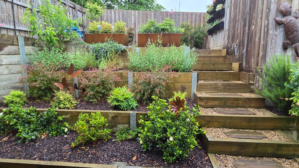 A tired garden bed with lots of lush, green plants.