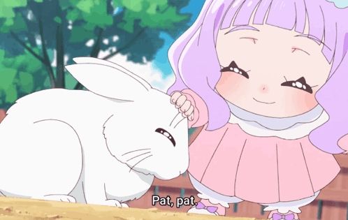 a cartoon girl petting a white rabbit with pat pat written below it