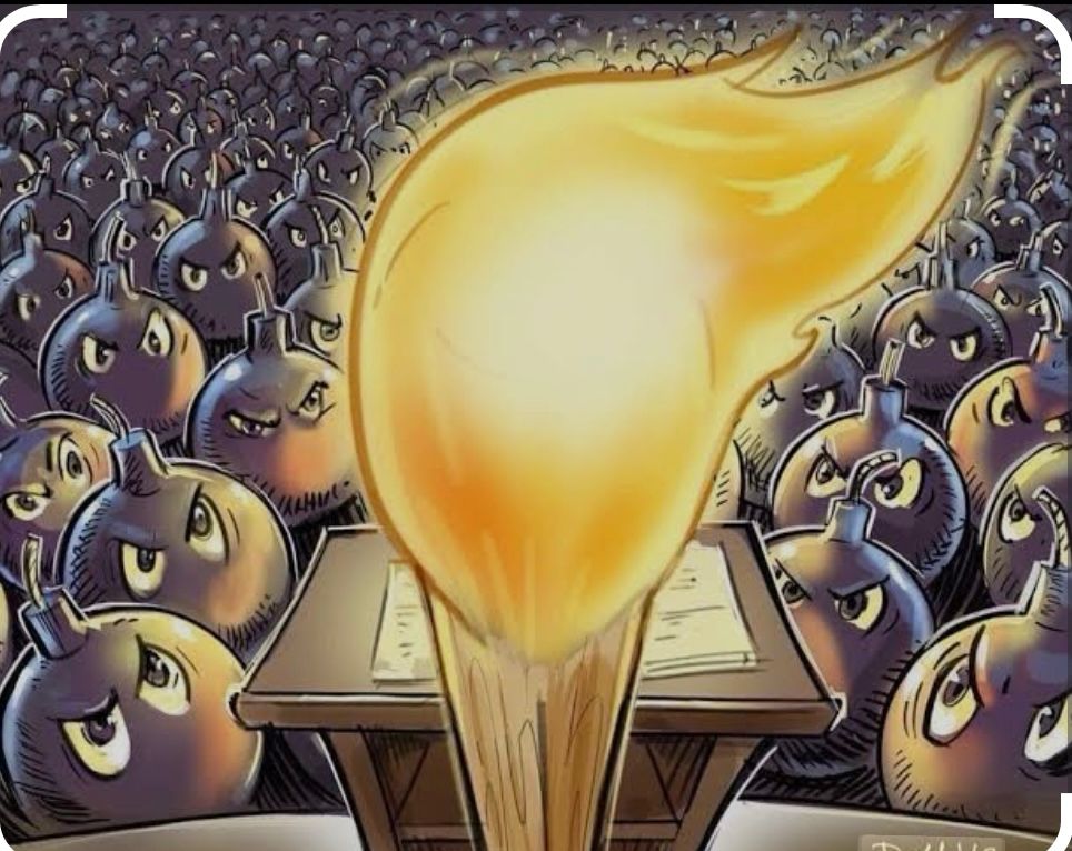 Match looking like Trump standing in front of a bunch of time bombs