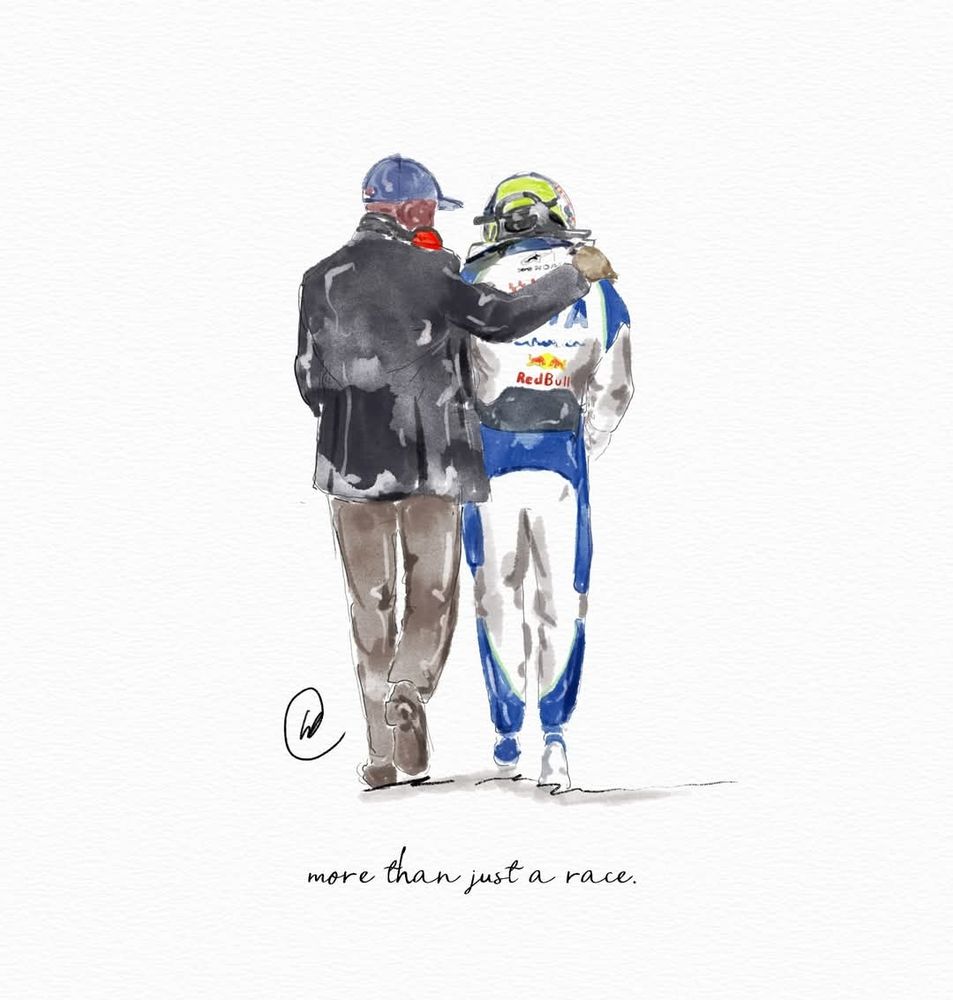 An artistic sketch of Anthony Hamilton consoling F1 rookie Isack Hadjar with his arm around Hadjar's shoulder.