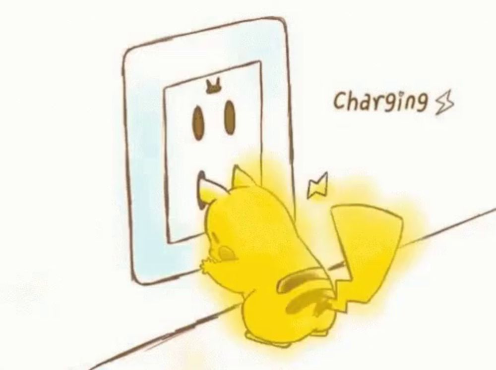 a cartoon of a pikachu being charged by a wall socket .