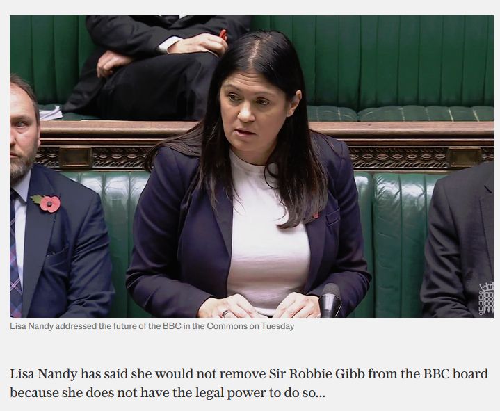 Lisa Nandy has said she would not remove Sir Robbie Gibb from the BBC board because she does not have the legal power to do so.