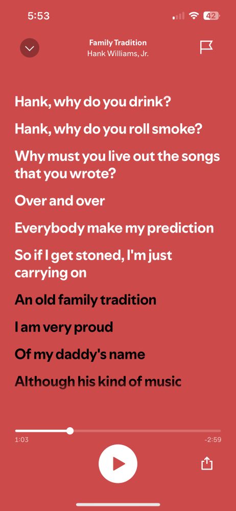 Screenshot of lyrics from the song “Family Tradition” by Hank Williams, Jr with lyrics about drinking and smoking dope.