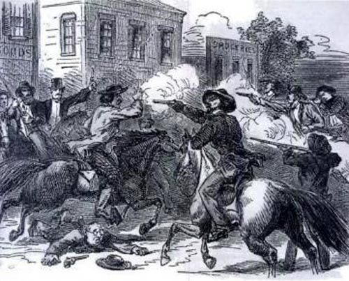 Etching of the Sack of Lawrence (1856) in which the pro-slavery "Bogus Sheriff" Samuel J. Jones destroyed abolitionist printing presses and the Free State Hotel
