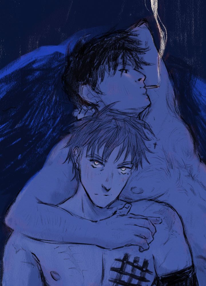 A sketchy drawing in dark blue tones, depicting Vash and Wolfwood lounging seemingly naked, only their bare torsos visible. Wolfwood has one arm up lazily behind his head, the other slung around Vash, whose head rests on WW's chest. He is smoking absentmindedly and looking off into the distance. In contrast, Vash is looking directly at the viewer with a stern expression, his eyes glowing in an ominous way.