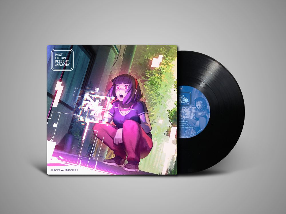 Front cover + side A. 

A mock-up of the vinyl edition of Past Future Present Memory. The cover illustration depicts a young woman, looking astonished as she presses on the interface of a screen that has suddenly appeared before her in the world.