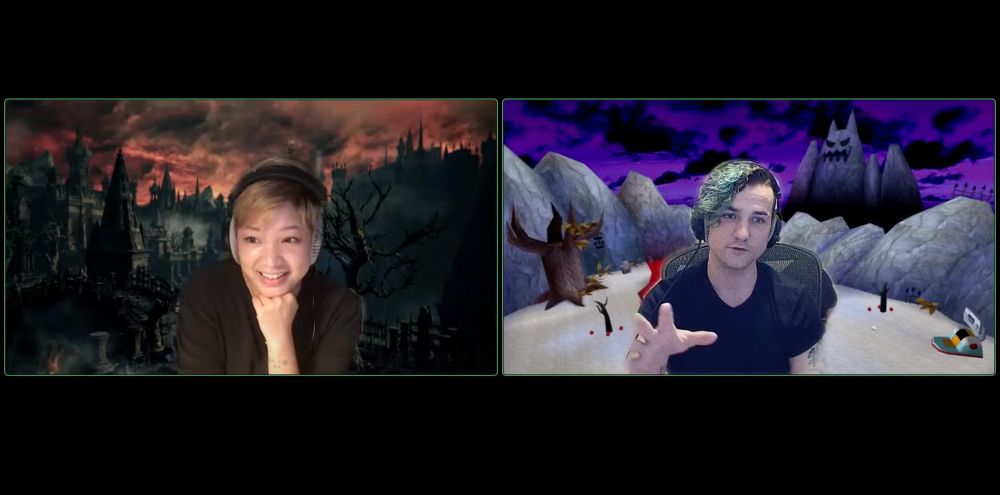 Screenshot of Aivi and Miles on a video call, using spooky 3D backgrounds from Bloodborne and Sonic respectively. Both of us have dyed hair and pronouns.