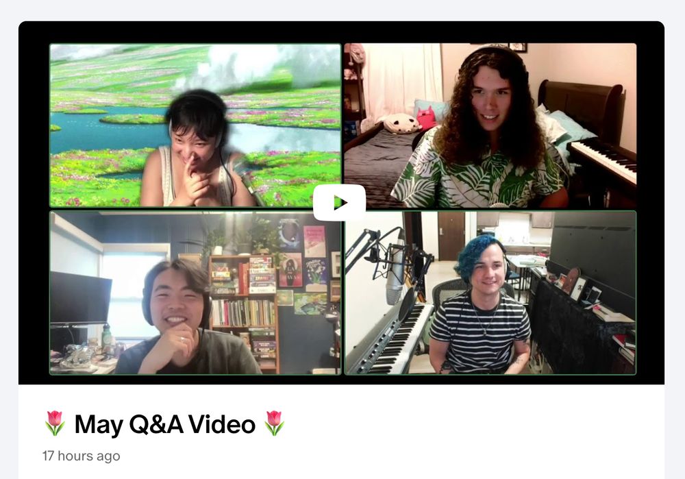 Screenshot of a Discord call between aivi, telebasher, Jason M. Yu, and miles morkri, all members of Infloresce Records. Everyone is smiling and laughing. Text reads, "May Q&A Video".