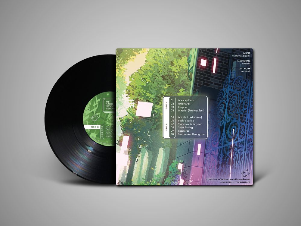 Back cover + side B.

A mock-up of the vinyl edition of Past Future Present Memory. The back cover illustration is a continuation of the front cover, depicting an urban street lined with trees and a shadowed building with an iron gate.