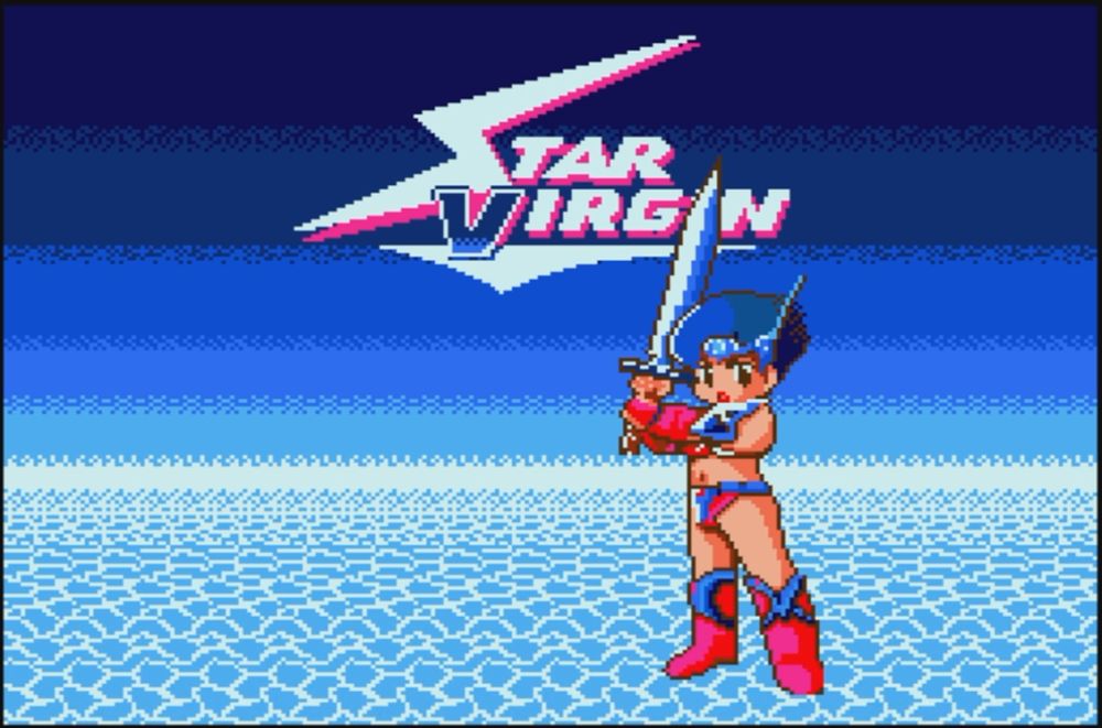 Title screen of the MSX game "Star Virgin" based on the film by the same name. A blue-haired warrior girl in a pink bikini with blue details stands on a blue wave-patterned background, holding a sword.